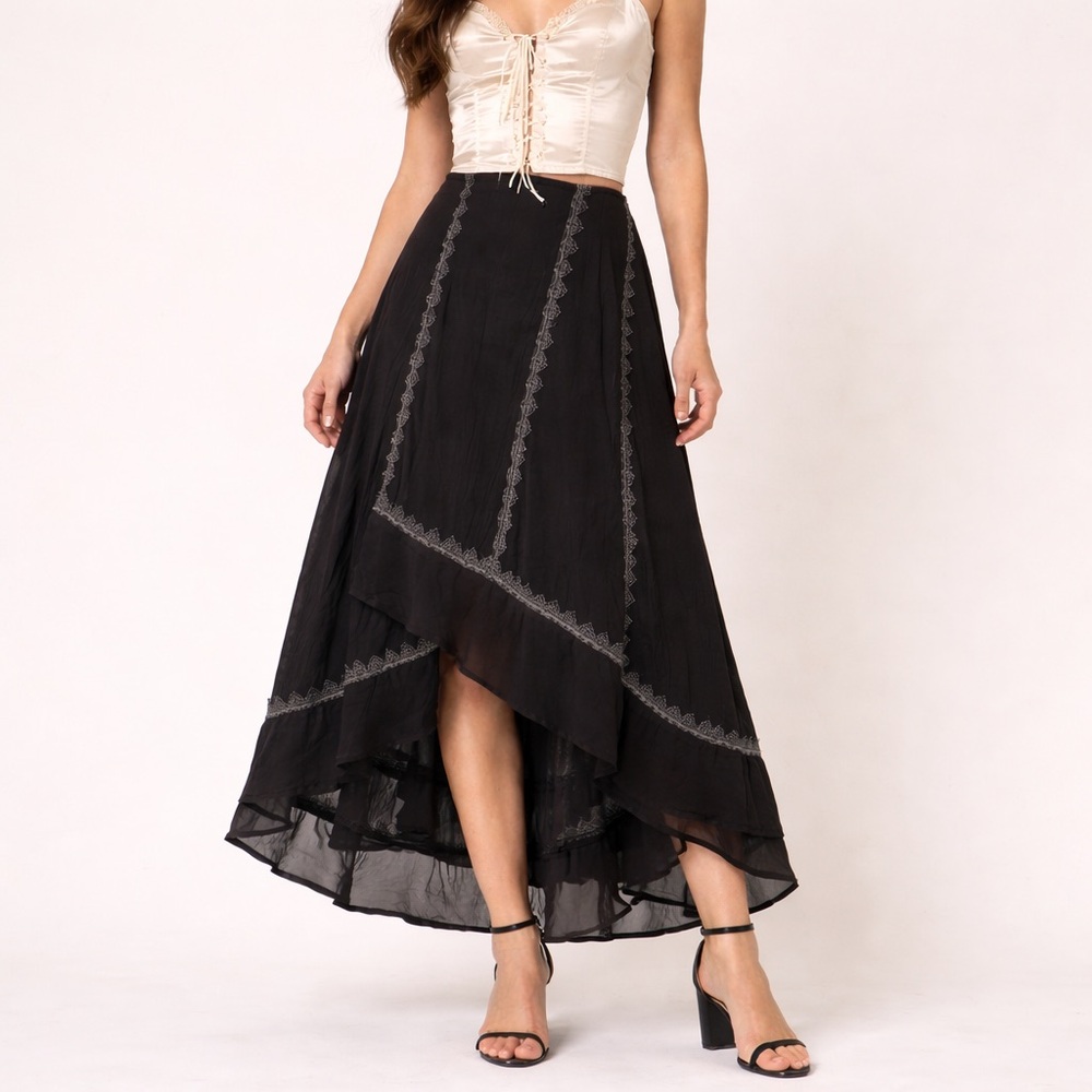 Vintage Black High-Low Midi Skirt Embroidered Flowy Whimsigoth Flamenco Flowy M